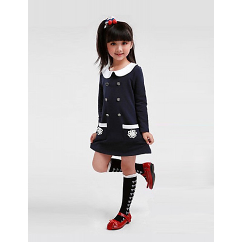 Girl's Cotton/Polyester Sweet Double Row Buttons Doll Collar Long Sleeve Dress  