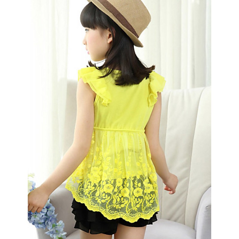 Girl's Cotton Summer High-heeled Shoes Adornment Lace Coattail Short Sleeve Tee  