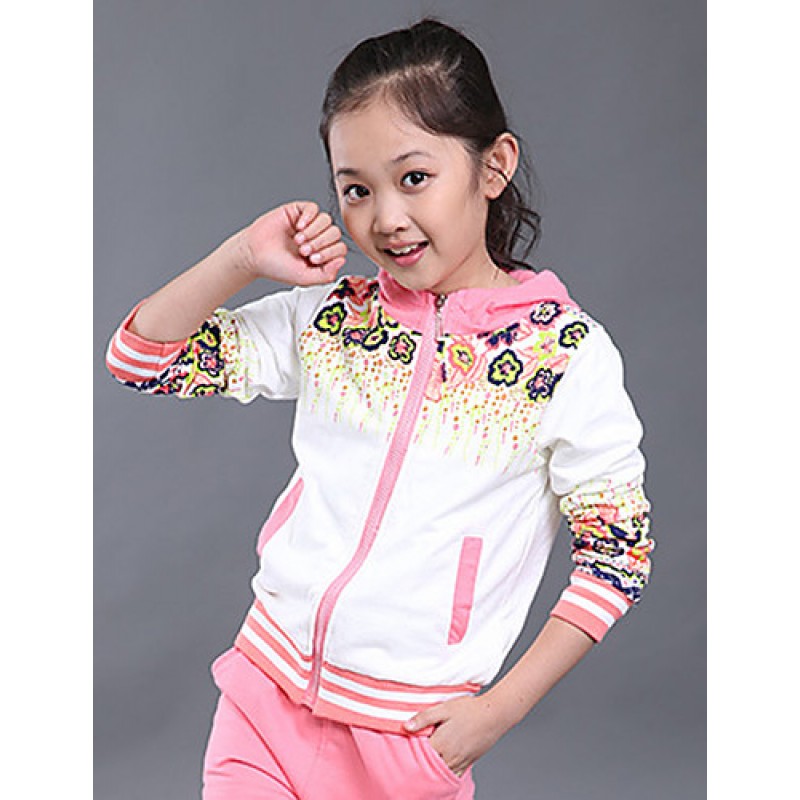 Girl's Cotton Spring/Autumn Sport Suit Set Floral Zipper Kids Hoodies And Pants Three-piece Set  