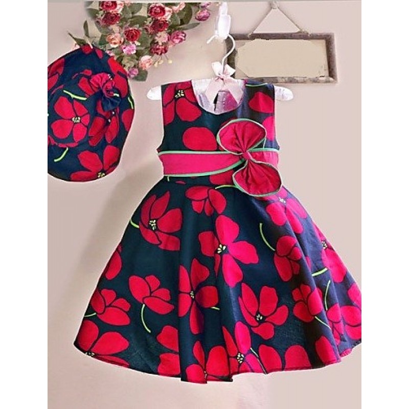 Girl's Flower Print Sleeveless Dress,Cotton Summer / Spring  Red Flower Knee-length Causal Holiday Party Girls Fashion (Hat incude)  