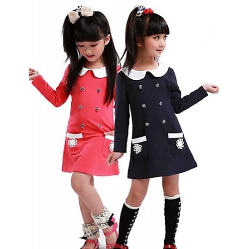 Girl's Cotton/Polyester Sweet Double Row Buttons Doll Collar Long Sleeve Dress  