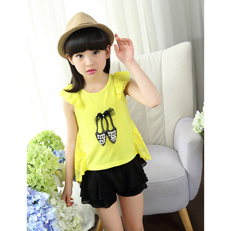 Girl's Cotton Summer High-heeled Shoes Adornment Lace Coattail Short Sleeve Tee  