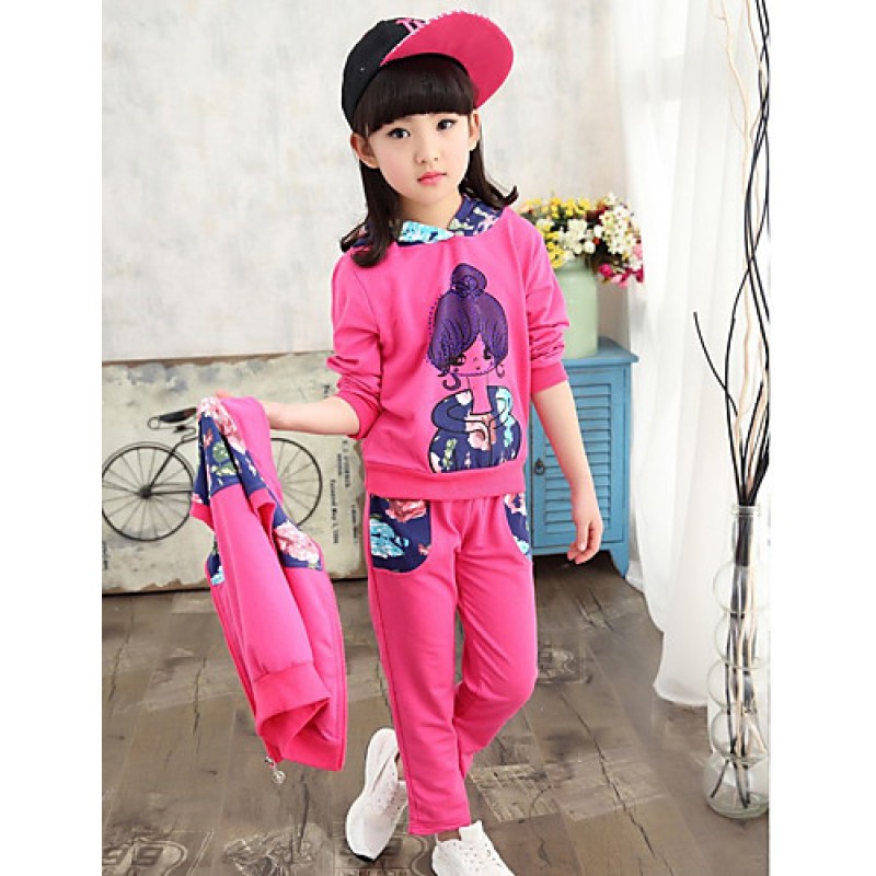 Girl's Cotton Spring/Autumn Cartoon Printed Hoodies Pants Three-piece Set  